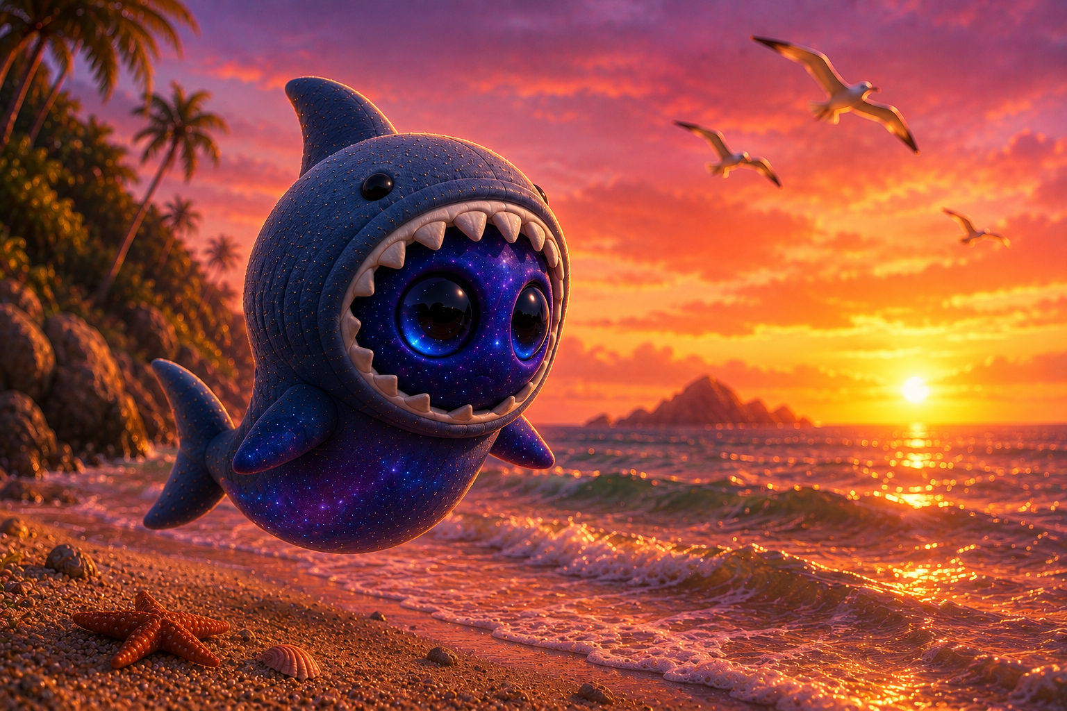 Shark Blip watching the ocean at sunset